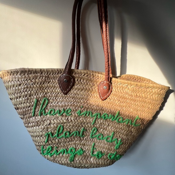 Poolside large beach tote long handles bag embroidered plant lady straw woven - Picture 10 of 13